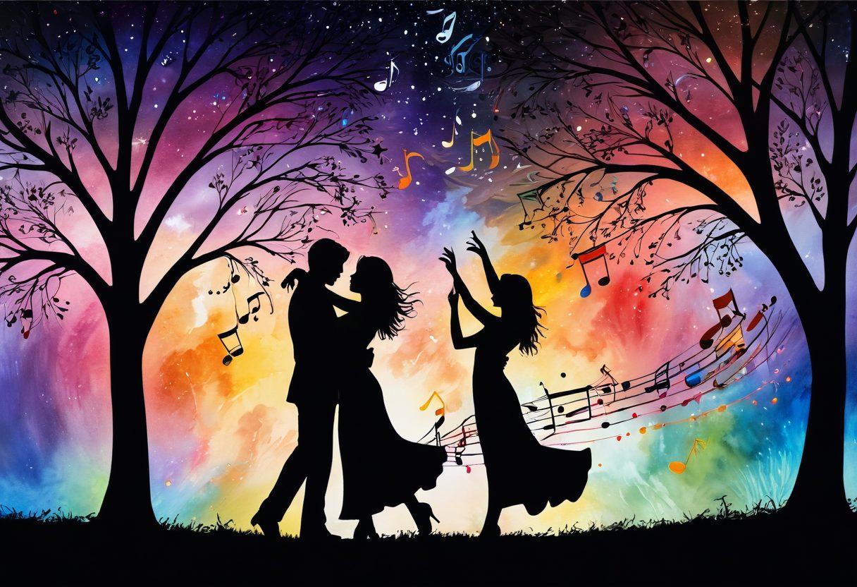A romantic scene featuring a couple dancing under a starlit sky, surrounded by colorful musical notes swirling around them, symbolizing the fusion of melody and emotion. Soft, warm colors create a dreamy atmosphere, with a gentle breeze illustrated through flowing ribbons of music. Elegant silhouettes of trees frame the background, enhancing the feeling of intimacy. Painting. vibrant colors.