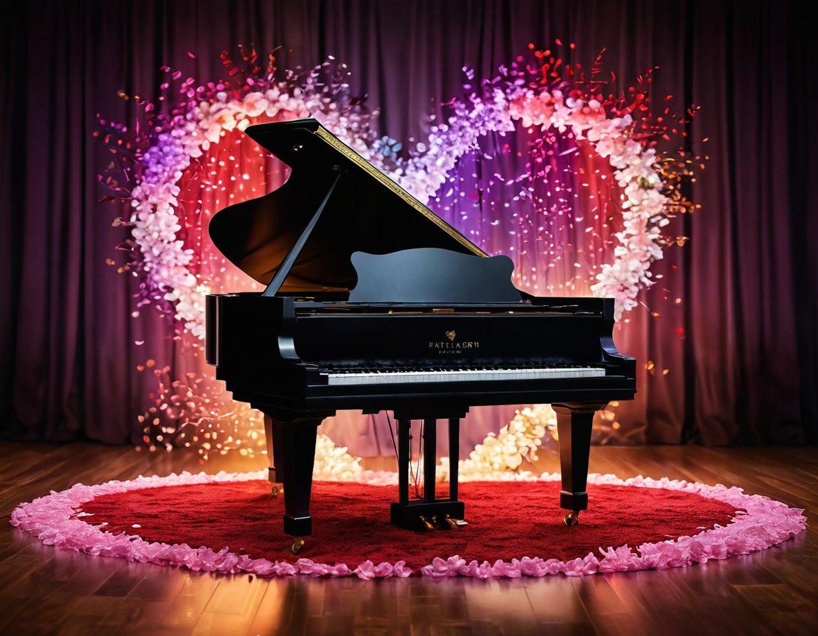 A heart-shaped piano sitting on a stage, surrounded by floating musical notes in various colors, symbolizing love and romance. In the background, a couple dances gracefully, their silhouettes illuminated by soft, warm lights. Flowers and hearts adorn the floor, creating an enchanting atmosphere. The colors used are rich reds and deep purples, evoking feelings of passion and affection. super-realistic. vibrant colors. soft bokeh effect.