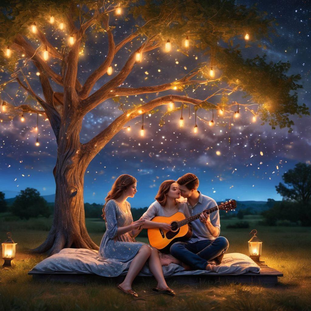 A romantic scene featuring a couple sharing a heartfelt moment under a starlit sky, surrounded by musical notes floating in the air. Include elements like an old guitar resting against a tree and soft glowing lanterns illuminating their faces. Create an atmosphere of warmth and passion, capturing the essence of love through music. vibrant colors. super-realistic.